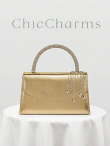 European & American Women's Minimalist Gold Evening Clutch Bag, Luxury Leather Texture Handbag With Glamorous Rhinestone Decor, Small Handheld Bag Suitable For Matching/Ball/Party/Wedding/Bride/Bridesmaid/Birthday Dress, Gift Bag For Women With Random Metal Chain Pattern - Gold - View 9