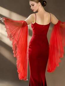 1 Pair Women Red Sheer Tulle Bridal Sleeves Detachable Long Ruffle Bell Arm Covers Fairycore Costume For Wedding Party Cosplay Photoshoot - Red - View 4