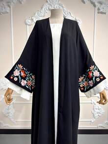 Hafizah New Elegant Women's Embroidered Floral Long Robe Fashion Outerwear Abaya Pleated Patchwork Black Fall - Black - View 6