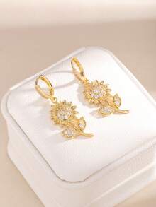 Multi-Style Sunflower Zirconia Ear Drops, Shiny Sunflower Ear Clips, Niche Luxury Floral Earrings For Women's Daily Wear Accessories - Sunflower Hoop Earrings - View 13
