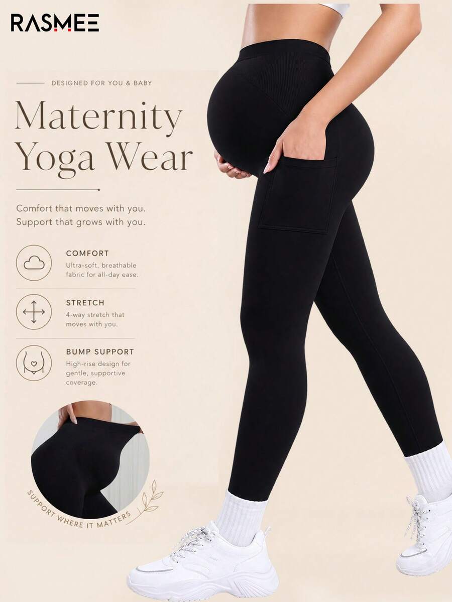 Maternity Seamless High Waist Elastic Solid Color Leggings Black - Black - View 1