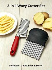2-In-1 Wavy Potato Slicer Set, Stainless Steel Wavy Slicer Knife + Manual Press Wavy French Fry Slicer, Multi-Function Wavy Vegetable Slicer Tool, Suitable For Potatoes, Carrots, Cucumbers, Can Make Wavy Potato Chips, Wavy French Fries And Decorative Salad Slices - Multicolor - View 3