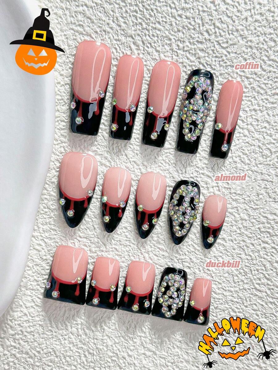 10件組萬聖節主題甜酷手工穿戴甲,Polygel美甲套組,骷髏、水鑽、紅黑美甲,復古哥德風,含美甲工具,3種尺寸可選,杏仁、鴨嘴、棺材形,適合派對、跳舞、日常配戴 - 彩色 - 查看 1