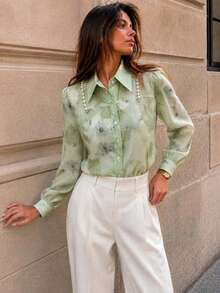 Women's Long Sleeve Floral Shirt, Pearl Necklace Detail Flip Collar Top, Romantic For Office, Vacation, Home, Date Night, Holiday, Spring Summer Fall - Mint Green - View 1