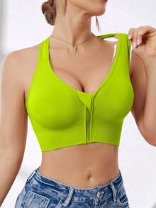 Women's High Intensity Front Zip Seamless Wireless Sports Bra, Suitable For Spring, Summer, Autumn And Winter - Green - View 9