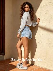 Women's Mid Waist Distressed Ripped Denim Shorts Frayed Hem Mini Jeans Y2K Style For Summer Beach Festival Daily Street Casual Wear - Baby Blue - View 6