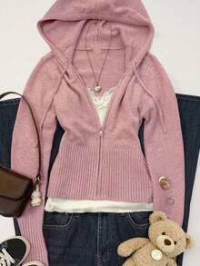 Mejors Women's Casual Cute Short Zipper Hooded Knit Jacket, Autumn/Winter Street Y2K Style Autumn - Pink - View 1