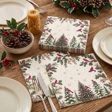 20/40/100pcs Christmas Holiday Disposable Paper Napkins, 2-Ply Red Cardinal & Cedar Tree Print Dinner Napkins, Pine Cone, Berry & Gold Snowflake Pattern Dessert Napkins, Suitable For Christmas Family Gatherings, Winter Holiday Dinner Parties, 6.5*6.5 Inches - Multicolor - View 3