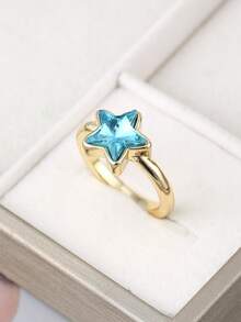 1pc Sky Blue Synthetic Zirconia Engagement Ring, Star-Shaped Promise Ring, Elegant Anniversary Jewelry Gift For Her ﻿ - Ring - View 5