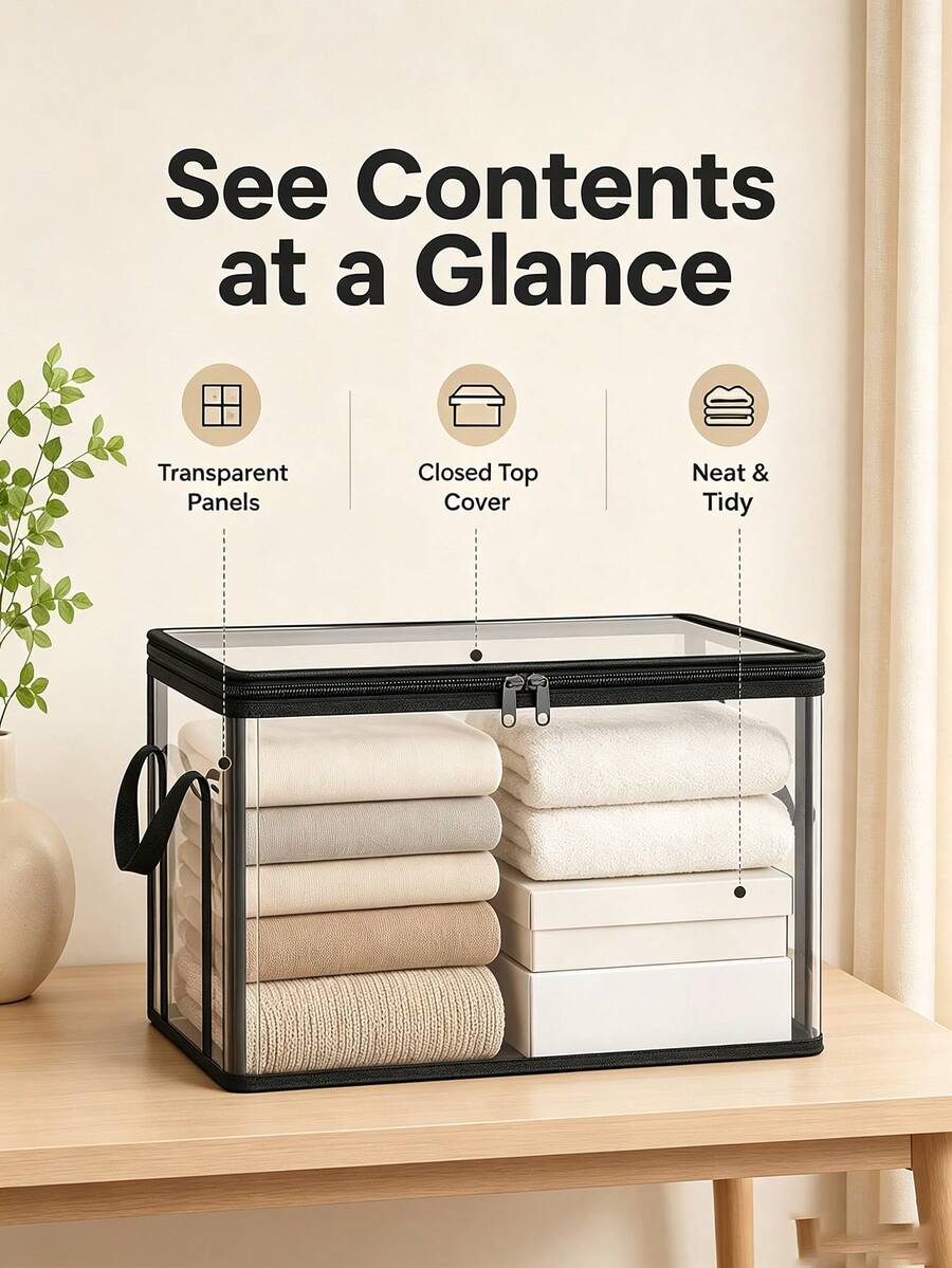 Large Thick Transparent Plastic Storage Box With Hooks And Hinge Lid, High Capacity Books And Clothes Storage Box, Space-Saving Office And Home Organization Design, Transparent Visible, Book Storage Box
