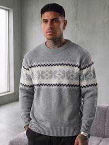 Men's Casual Versatile Plaid Jacquard Crew Neck Long Sleeve Knit Sweater, Korean Style, Suitable For Autumn And Winter - Grey - View 6