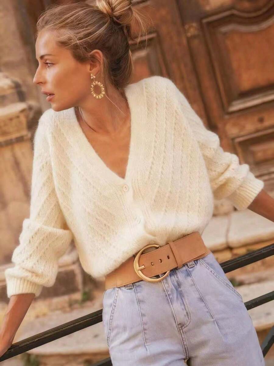 Solid Color Cardigan Long Sleeve Knit Sweater Jacket, Autumn/Winter Yellow - 白色 - 查看 1