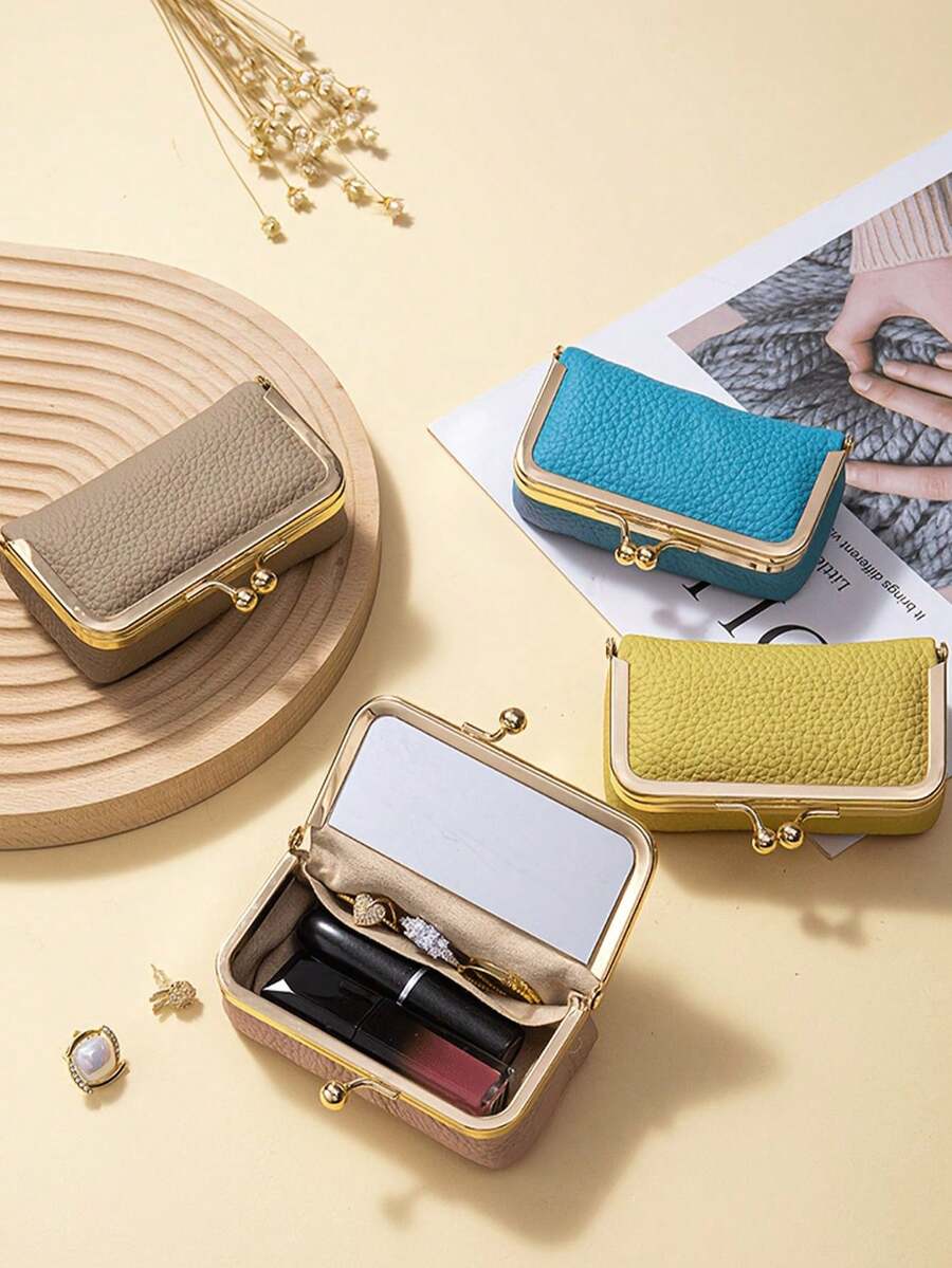 1 buah Kantong Penyimpanan Perhiasan Wanita, Tas Earphone Kulit Asli Kecil, Kotak Aksesori Cincin Kalung Anting, Dompet Koin Mini, Tempat Lipstik dengan Cermin - MultiWarna - View 1