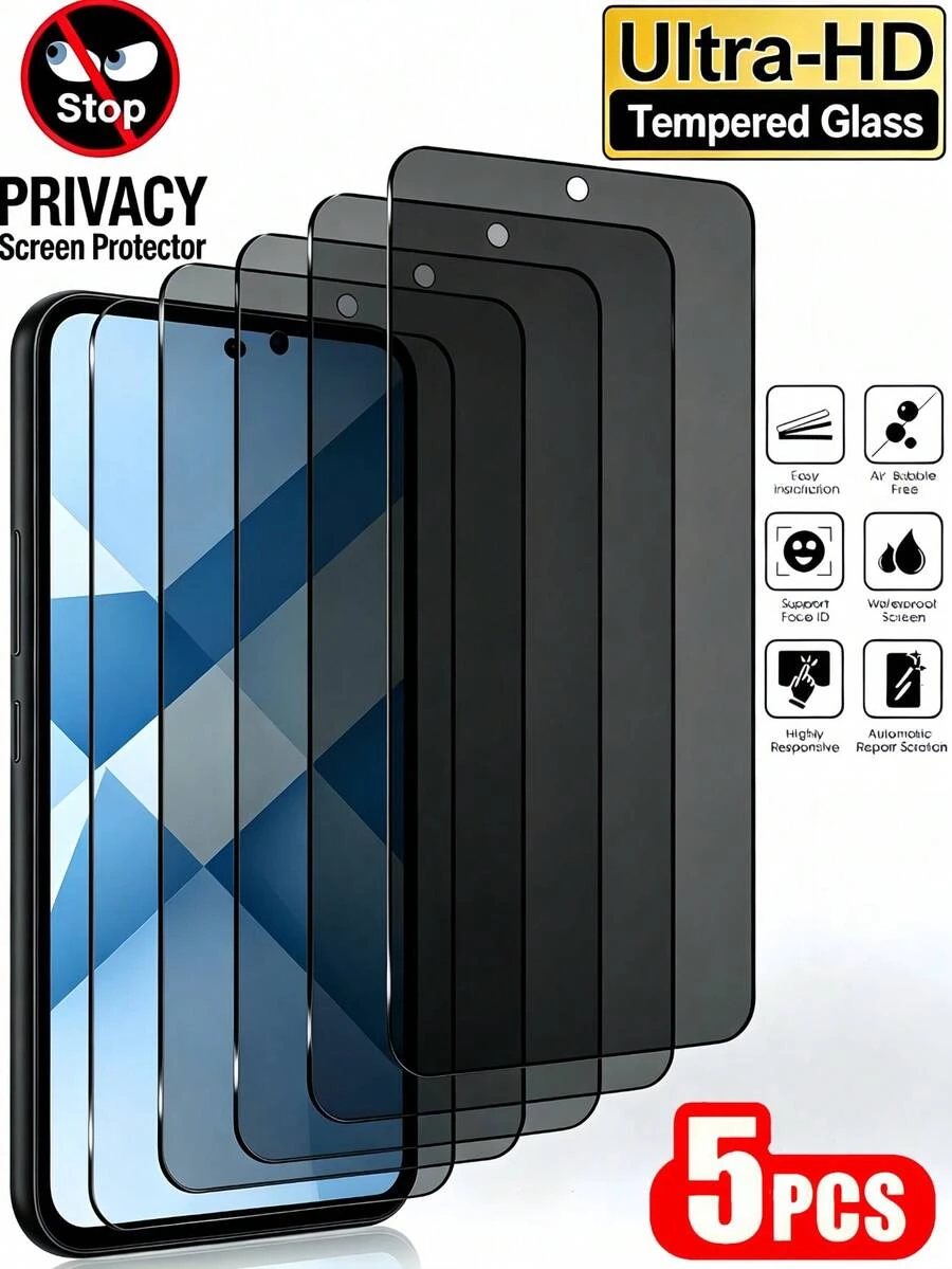 5pcs Anti-Peeping Tempered Glass Screen Protector, Compatible With Samsung Galaxy S25 S24 A57 A37/Compatible With IPhone 17 16/Compatible With Huawei/Honor/Compatible With Xiaomi 15T/Poco/Note 15, 9H Hardness, Anti-Fingerprint, Case-Friendly, Easy-To-Apply Thin Design, Touch-Sensitive, Dust-Proof, Full Coverage No Light Leakage, Privacy Anti-Peeping, Electroplated Oleophobic Coating