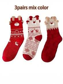 1/3/6 Pairs Of Women's Socks - Multi-Color Cartoon Reindeer 3D Design Fleece Polka Dot Texture Contrast Christmas Soft And Comfortable Mid-Calf Casual Socks For All Seasons - Multicolor - View 16