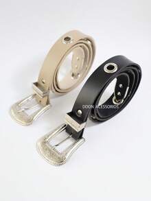 2.5CM Women's Belt With Metal Eyelets Boho Summer Gift - 黑色+米色 - 查看 2