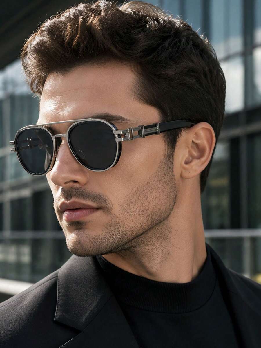 European & American Retro Sunglasses For Men, Silver-Grey Metal Frame, Dark Grey Lenses, Small Round Frame Design, Black Temples With Silver Layered Decoration, Light Luxury High-End Feel, Cafe, Daily Streetwear - Multicolor - View 1