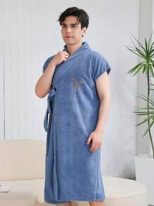 1 Pc Men's Lightweight Kimono Robe Japanese Bathrobes Breathable Fabric,Soft Fluffy Absorbent Fleece Robe - Sleeveless Tie-waist Bathrobe - View 4