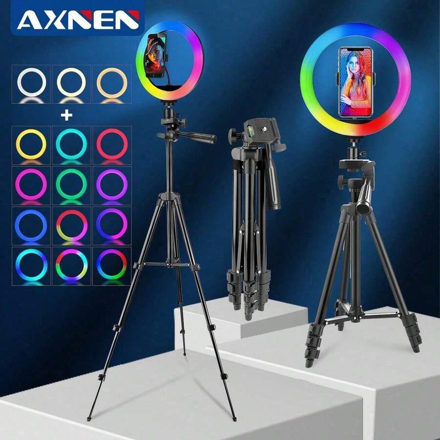 AXNEN 10-Inch Selfie Ring Light With Tripod & Phone Holder, 39 RGB Color Modes And 10-Level Brightness Adjustable, Dimmable LED Ring Light, Compatible With IPhone And Android Phones, For Photography, Makeup, Vlogging, Etc. - Black and White - View 1