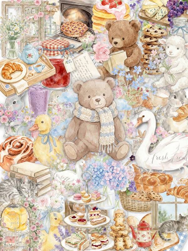 50Pcs French Style Aesthetic Pastoral Watercolor Stickers, Cottage Floral, Dessert & Cute Pet Print, Waterproof Decorative Stickers, For Luggage, Notebook, Scrapbook Supplies