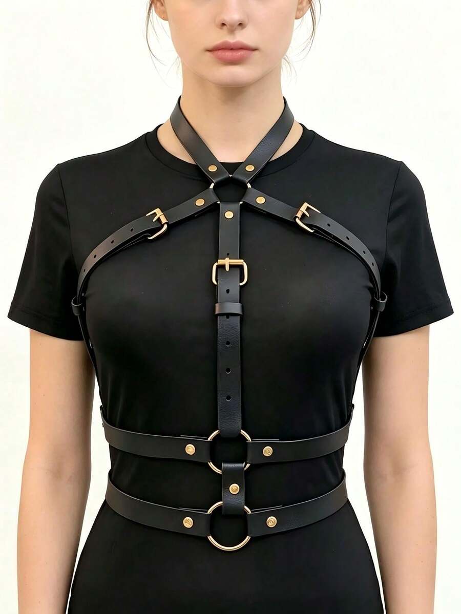 1件装女士黑色吊带性感皮革胸带,朋克风格皮革身体配饰 - 黑色 - 查看 1