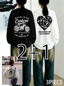 Women's Fashion Autumn/Winter Loose Round Neck Casual Versatile Letter Heart Motorcycle Print Long Sleeve T-Shirt 3pcs/Set - Black + White + Light Heather Gray - View 4
