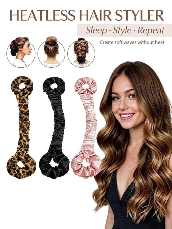 Leopard Print Satin Heatless Curling Rod, Home Bathroom Post-Wash Styling Hair Accessory, Bedroom Overnight Non-Damaging Big Wave Curling Tool, Home DIY Slouchy Hair Styling Curler, Vanity Heat-Free Styling Hair Accessory, Dorm Home Hair Care Styling Small Tool, Rental Home Overnight Curling Gadget, Family Daily Hair Styling Bathroom Accessory