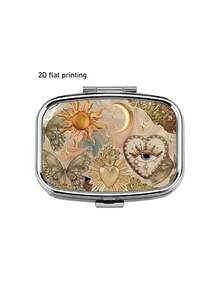 Square Metal Portable Jewelry Box With Classical Sun And Moon Patterns, 2-Compartment Organizer, Vintage Pattern Jewelry Storage Box, Suitable For Vitamins, Earrings, Rings, Travel Bag Pocket Storage, Ideal For Daily Use, Weekend Trips, Wedding Occasions, Outdoor Carry, Birthday, Bridesmaid, Jewelry Lover Gifts - Multicolor - View 13
