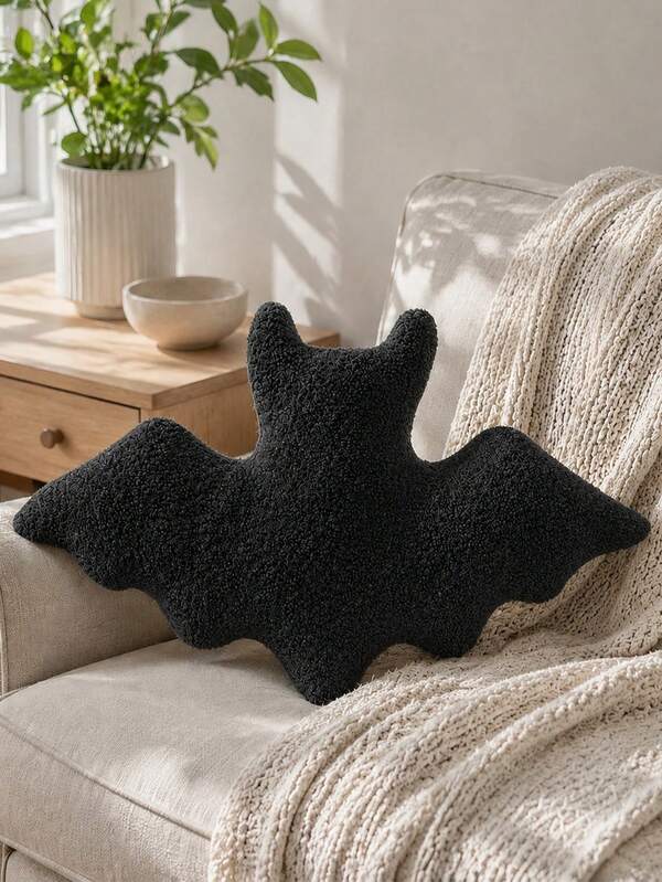 1pc Bat Shaped Pillow Halloween Decoration, Black Gothic Bat Design Sofa Bed Cushion, Spooky Holiday Decor Gift, Suitable For Adults