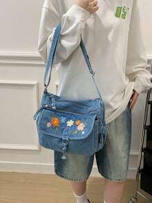 休閒時尚軟牛仔布多層斜挎包，多口袋設計，大容量百搭通勤女款單肩包，適合牛仔女孩 - 藍色 - 查看 6