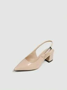 Women's Nude Pointed Toe Slingback Chunky Heel Pumps, Adjustable Buckle Dress Shoes For Wedding, Commute And Daily Wear - Apricot - View 5