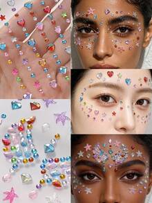 Rainbow 3D Glitter Gem Stickers, Sequin Heart & Star Stickers, Self-Adhesive Rhinestone Diamond Shape Design, Suitable For Makeup And Clothing, Multi-Color Diamond Face Gems, Perfect For Valentine's Day, Holidays, Parties And Events - Multicolor - View 3