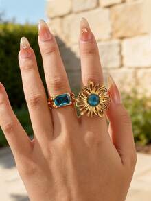 2Pcs/Set Vintage Blue Cubic Zirconia Flower Ring For Women Gold Color Open Ring Wedding Party Jewelry Gift - Multicolor - View 11