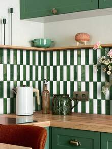 WoStick 1/10/20pcs Green Self-Adhesive Subway Tile Wall Stickers, 3D Glossy Self-Adhesive Tile Stickers, Suitable For Rental Home Kitchen Bathroom Wall Decor - Green and White Long Strip - View 4