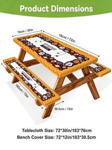3 PiecesPicnic Tablecloth Set With Bench Cover, Elastic Edge Design, Halloween And Patterns, Washable Rectangular Tablecloth, Suitable For Weddings, Camping, Picnics, Garden Parties, Practical Essential - E - View 3