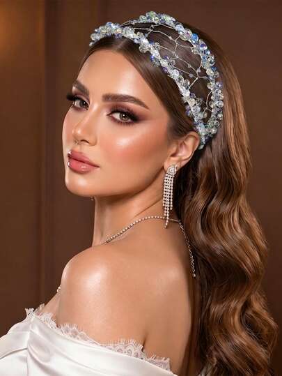 1pc Elegant Faux Crystal Decorated Hollow Wide Headband Bridal Headpiece Women Hair Accessory For Party, Photography, Vacation Outfit