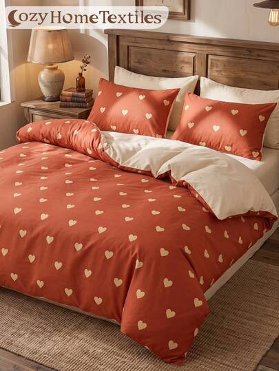 2/3pcs Heart Pattern Duvet Cover Set, Bedding Set, Cozy & Breathable, Lightweight, Anti-Pilling, Machine Washable, Room Decor, Bedroom Decor, Dorm Bedding, For All Seasons, Fits Double Twin/Full/Queen/King Bedding, Autumn Home Decor, No Filling