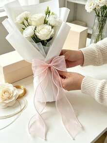 1 Roll 5 Yards Fish Tail Pearl Packaging Satin Ribbon, White Organza Mesh Pearl Ribbon Roll, Suitable For Wedding, Valentine's Day, Mother's Day, Birthday, DIY, Gift Box And Bouquet Decoration - Multicolor - View 2