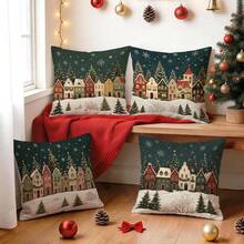 4pcs/1pc Christmas Fairy Tale Town Pattern Pillow Case Without Insert, Single-Sided Printed Pillow Case, Suitable For Living Room Bedroom Home Decor, All-Season Pillow Case - Multicolor - View 9