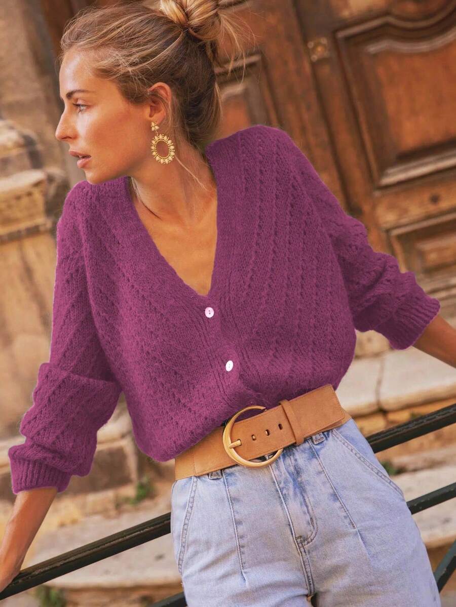 Solid Color Cardigan Long Sleeve Knit Sweater Jacket, Autumn/Winter Yellow - 紫羅蘭色 - 查看 1