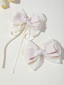 2pcs Girls Beige Fabric Double Layer Lace Plaid Bow Ribbon Hair Clips Hair Accessories Head Clips Back Of Head Clips Side Clips Alligator Hair Clips For Daily Use - Apricot - View 6