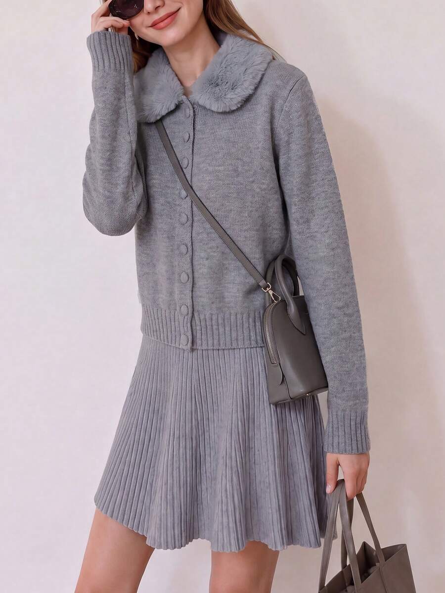 Bộ áo cardigan len cổ lông giả màu xám và chân váy gân cho nữ, thời trang cài nút trước, trang phục thu/đông - Xám - Xem 1