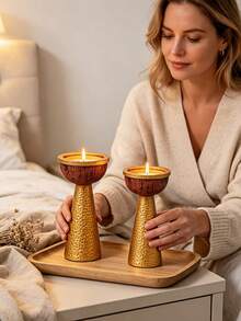 1 Piece Classic Tall Column Candle Holder, Handcrafted Textured Candlestick Ornament For Indoor Home Party Holiday Arrangement - Gold Pedestal Candle Holder - View 2
