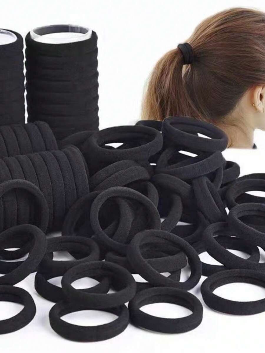 200pcs Hair Ties, Thick High Elastic Seamless Ponytail Hair Ties, Simple Solid Color Daily Hair Accessories - Black - View 1