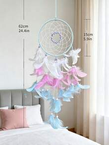 1pc Girls Dream Catcher, Butterfly Center, Pink And White Mixed Feathers And Transparent Beads, Bedroom Pink Decoration, With Decorative Box And White Raffia - Multicolor - View 4