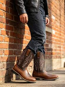Striped Western Style Faux Leather Textured Western Boots, Outdoor Wear For Men, All Season - Brown - View 8