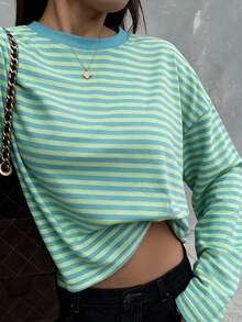 Autumn Retro Colorblock Striped Round Neck Long Sleeve Top, Loose Lazy Drop Shoulder Base Layer T-Shirt For Women - Teal - View 3