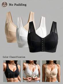 3pcs/Set Women's Comfortable Mesh Patchwork Knit Fabric Front Closure Bra, Wire-Free Elegant Sporty Style, Wearable As Outerwear - Multicolor - View 1
