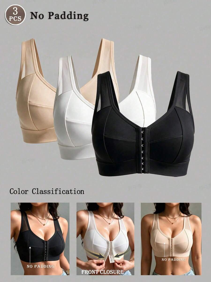 3pcs/Set Women's Comfortable Mesh Patchwork Knit Fabric Front Closure Bra, Wire-Free Elegant Sporty Style, Wearable As Outerwear - Multicolor - View 1