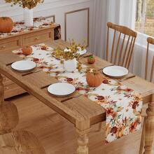 1pc Autumn Harvest Watercolor Pumpkin Corn Floral Print Table Runner - Polyester Stiff Fabric, Rectangular, Ideal For Holiday Dining And Outdoor Parties, Suitable For Home Dining Room And Restaurant, Kitchen Supplies, Party Table Decor - Multicolor - View 6